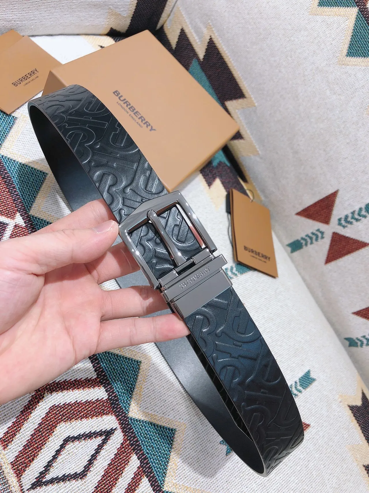 Burberry Monogram Embossed Black Leather Belt 8