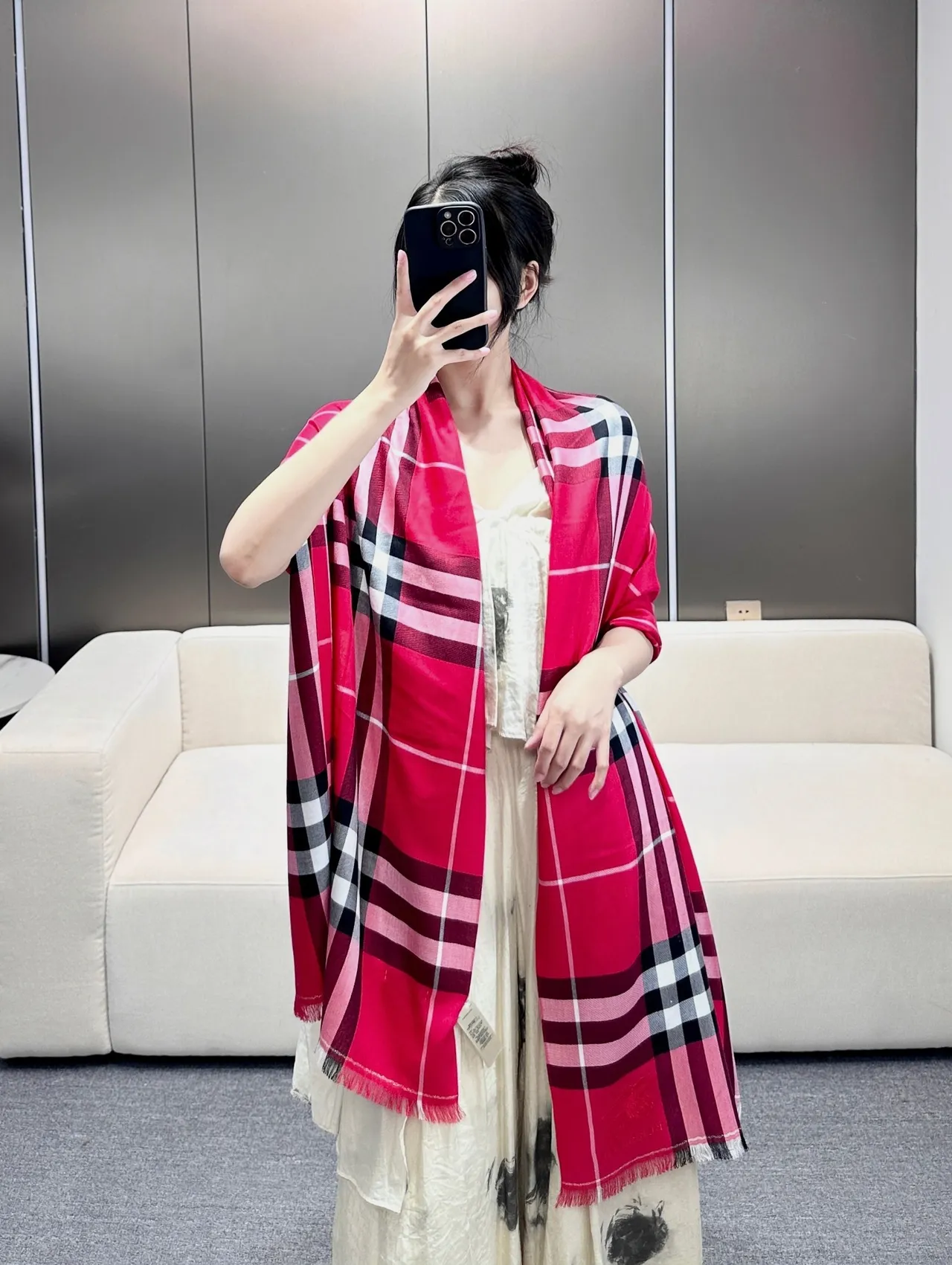 Burberry Nova Check Red Multicolor Oversized Fringed Shawl 1