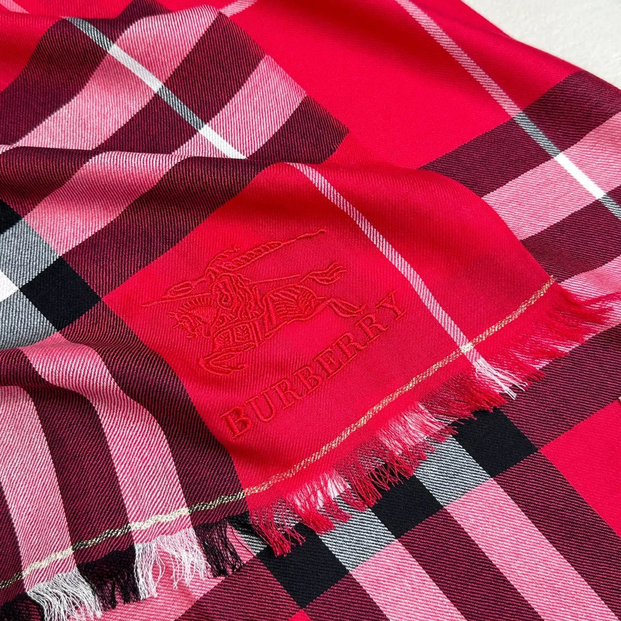 Burberry Nova Check Red Multicolor Oversized Fringed Shawl 4