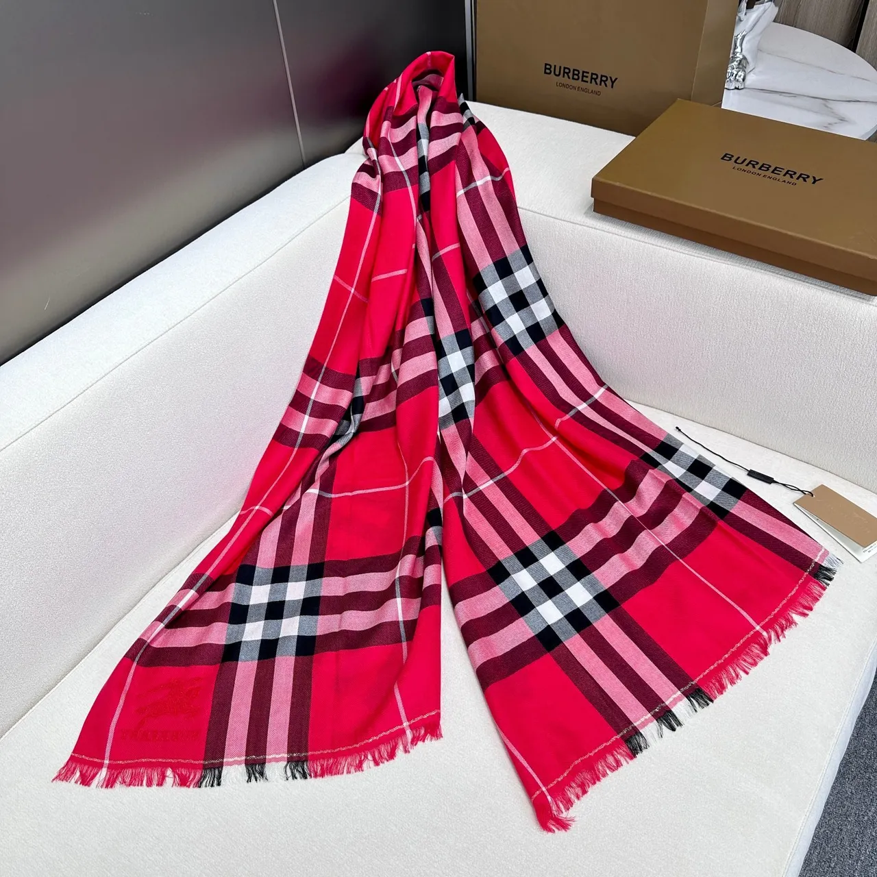 Burberry Nova Check Red Multicolor Oversized Fringed Shawl 6