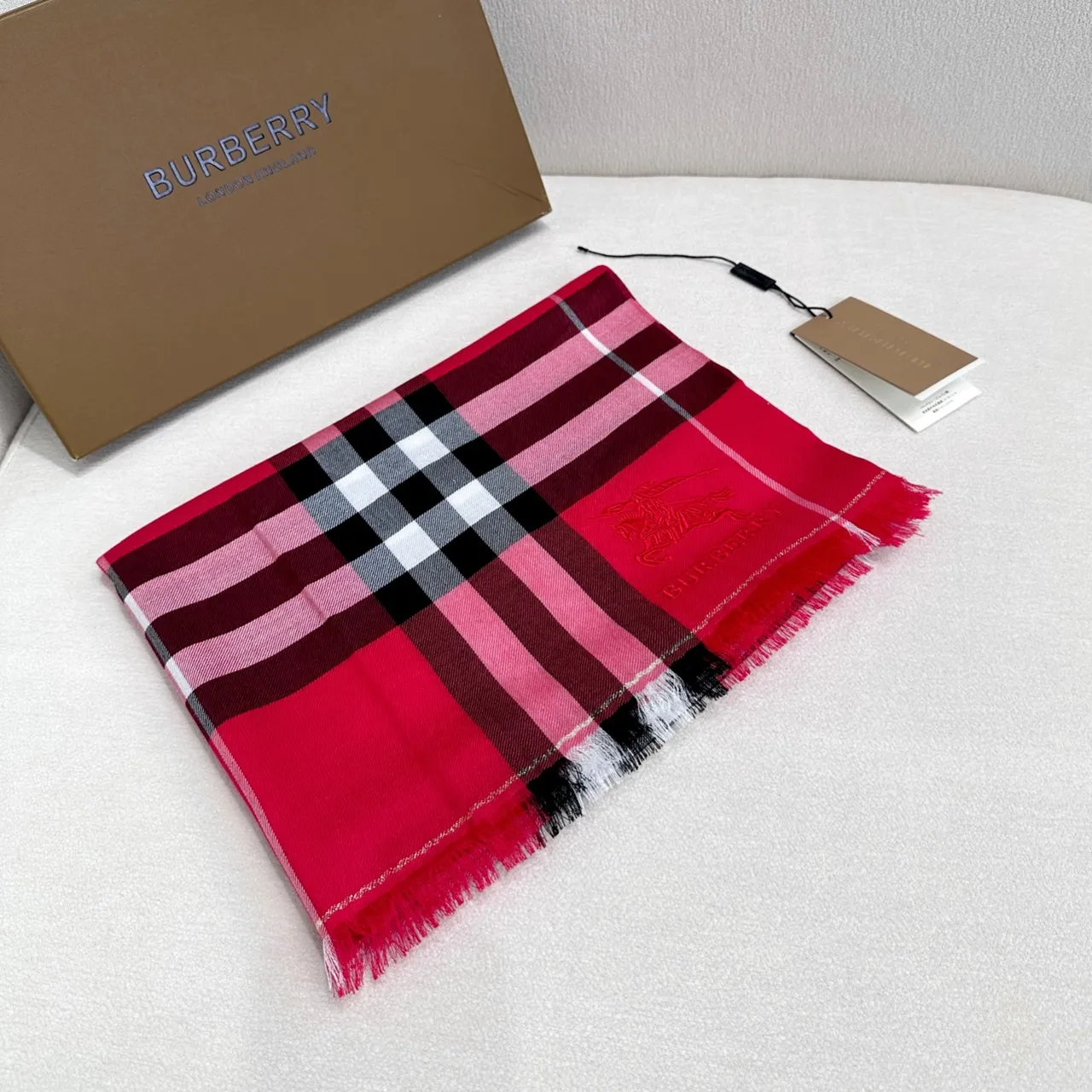 Burberry Nova Check Red Multicolor Oversized Fringed Shawl 7