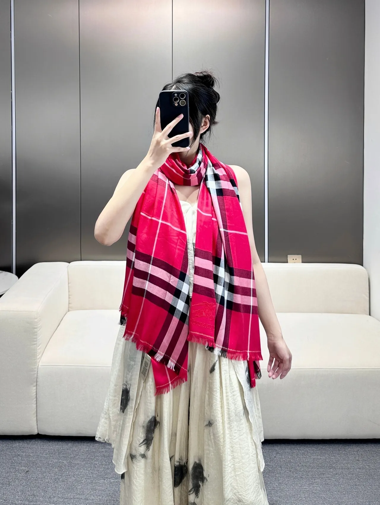 Burberry Nova Check Red Multicolor Oversized Fringed Shawl 9