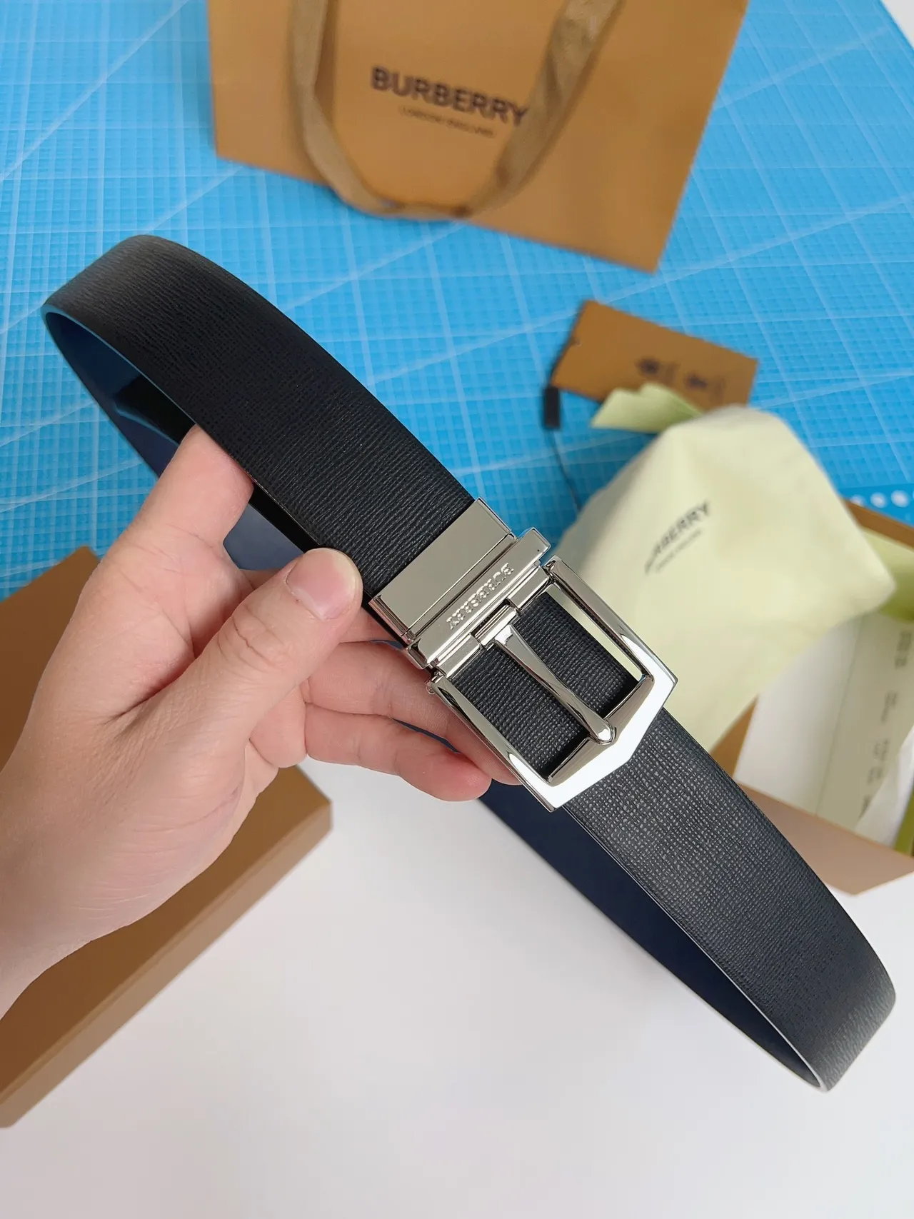 Burberry Reversible Buckle Black Textured Leather Belt 3