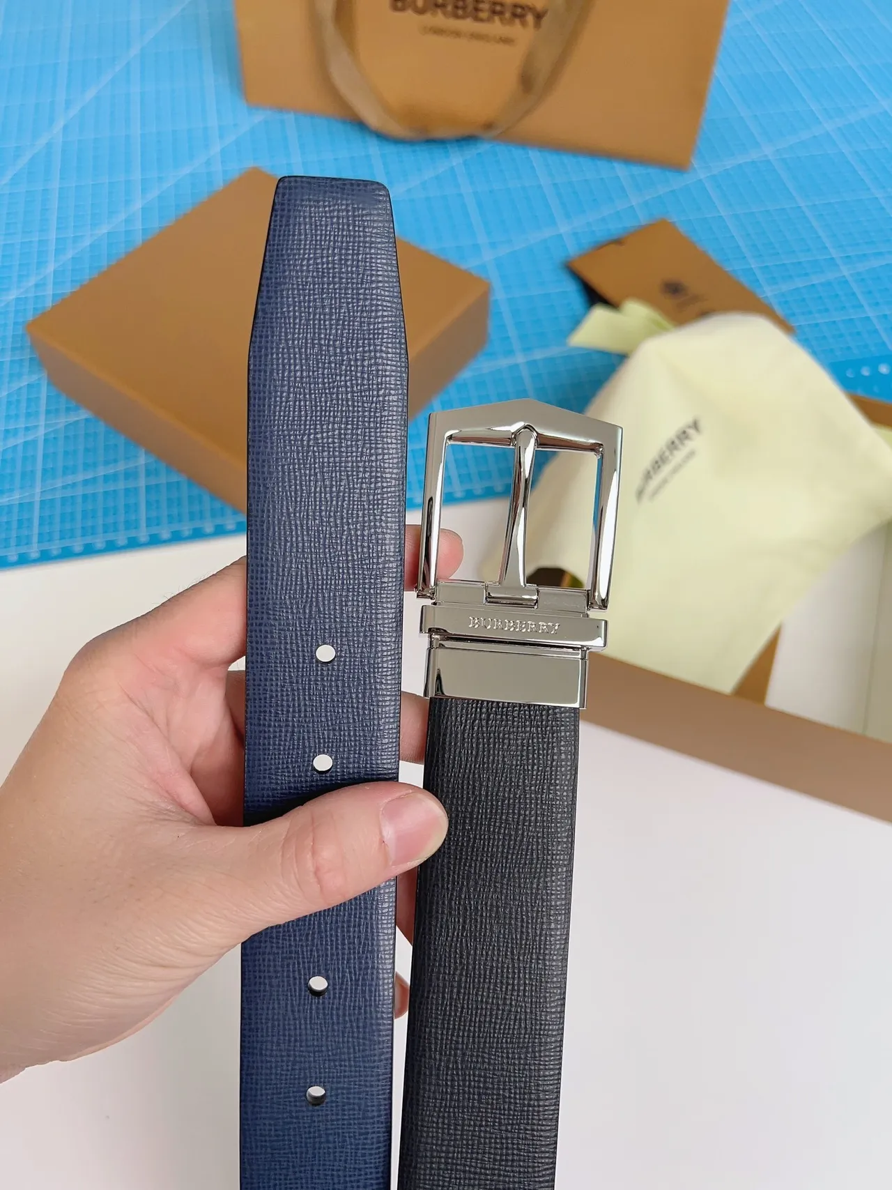 Burberry Reversible Buckle Black Textured Leather Belt 4