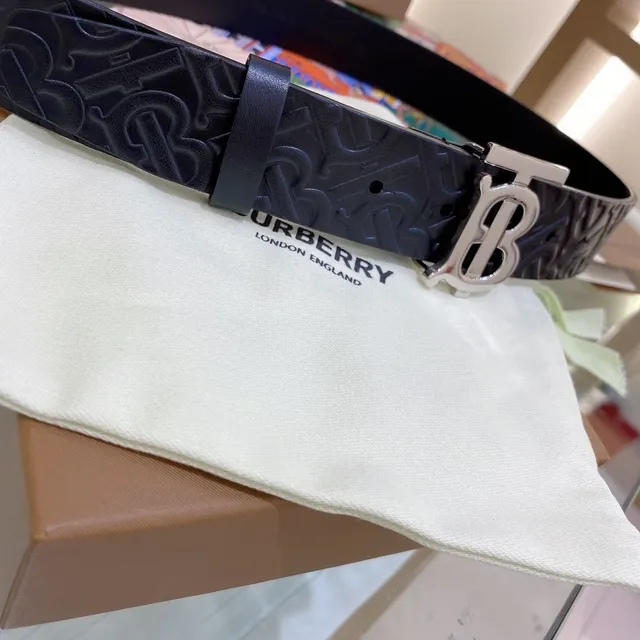 Burberry TB Monogram Black Silver Embossed Interlocking Buckle Leather Belt 2