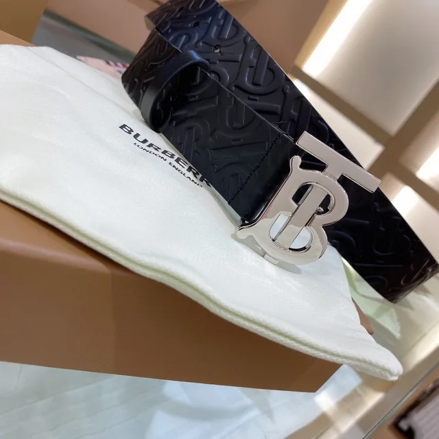 Burberry TB Monogram Black Silver Embossed Interlocking Buckle Leather Belt 3