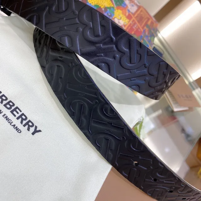 Burberry TB Monogram Black Silver Embossed Interlocking Buckle Leather Belt 4