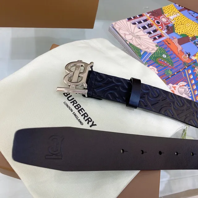 Burberry TB Monogram Black Silver Embossed Interlocking Buckle Leather Belt 6