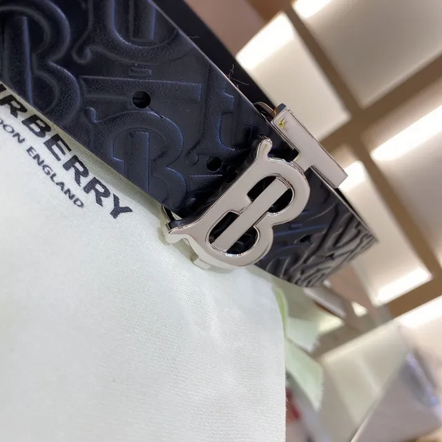 Burberry TB Monogram Black Silver Embossed Interlocking Buckle Leather Belt 7