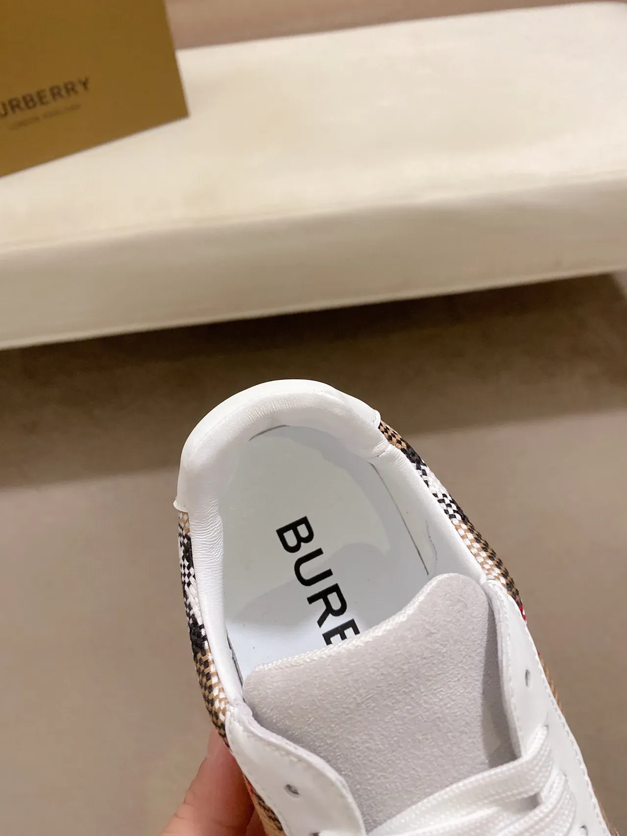 Burberry White Beige Check-Pattern Side Panel Perforated Mesh Toe Lifestyle Sneakers 5