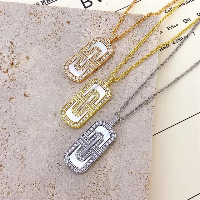 Bvlgari Geometric Mother-of-Pearl and Pavé Crystal Pendant Necklace 7
