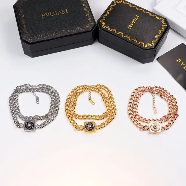 Bvlgari Prata Dourado Corrente Curb Chunky Pingente Logo Quadrado Colar 2