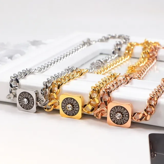 Bvlgari Prata Dourado Corrente Curb Chunky Pingente Logo Quadrado Colar 3