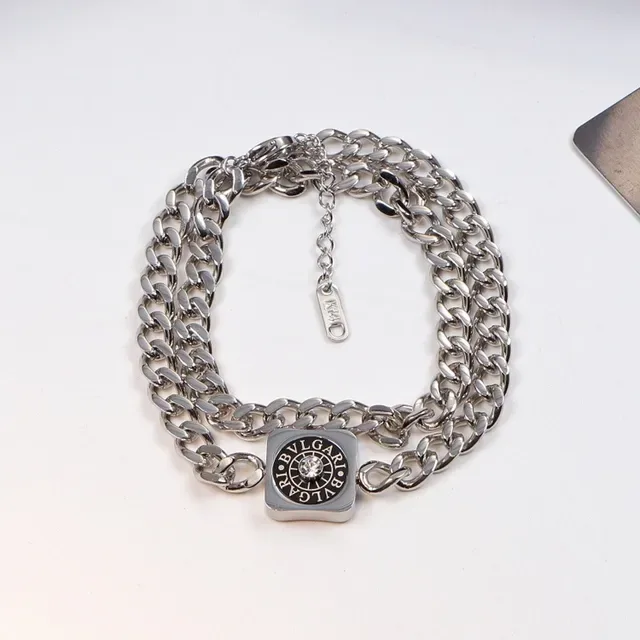 Bvlgari Prata Dourado Corrente Curb Chunky Pingente Logo Quadrado Colar 4