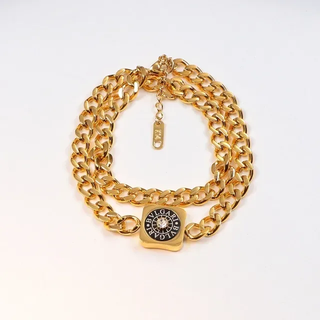 Bvlgari Prata Dourado Corrente Curb Chunky Pingente Logo Quadrado Colar 5