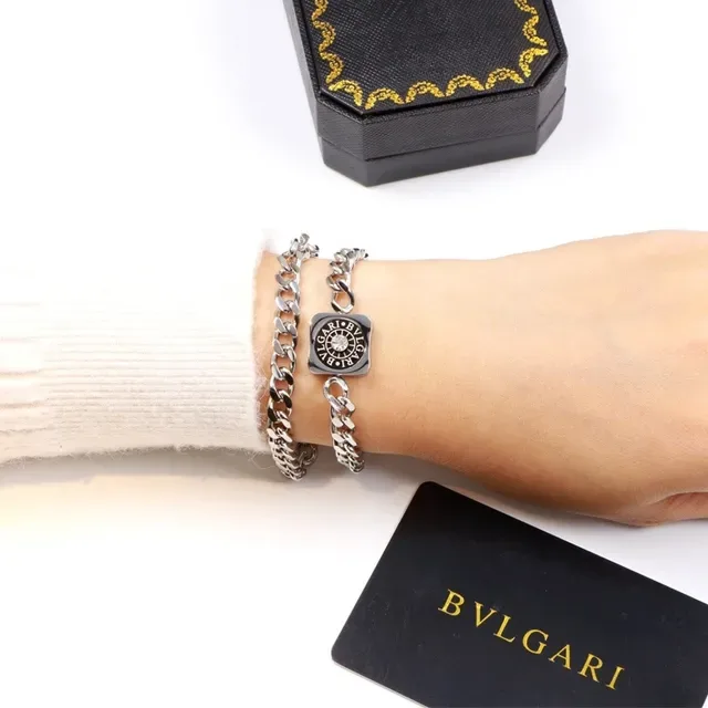 Bvlgari Prata Dourado Corrente Curb Chunky Pingente Logo Quadrado Colar 7