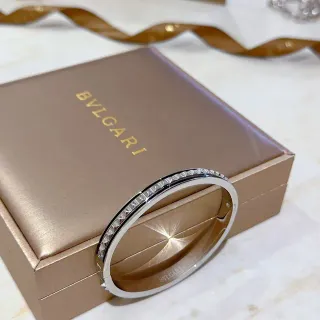 Bvlgari Silver White Hinged Bangle Pavé-Set Stones Bracelet