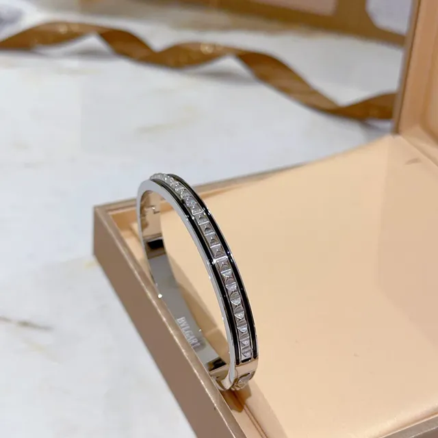 Bvlgari Silver White Hinged Bangle Pavé-Set Stones Bracelet 3