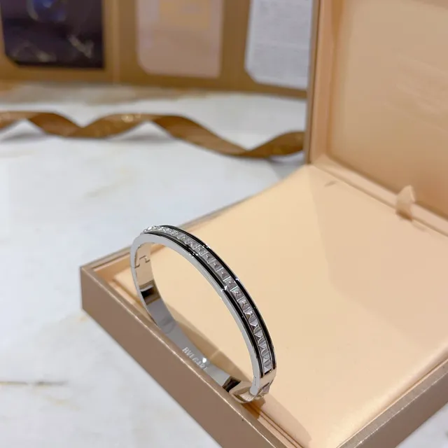 Bvlgari Silver White Hinged Bangle Pavé-Set Stones Bracelet 6