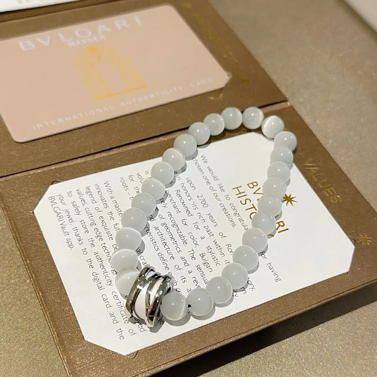 Bvlgari White Silver Cat's-Eye Stone Beads Multi-Ring Metal Clasp Bracelet 3
