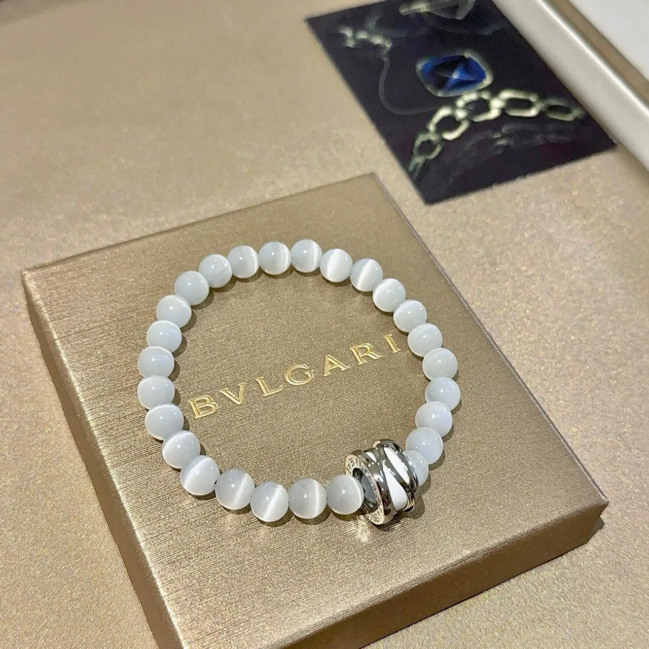 Bvlgari White Silver Cat's-Eye Stone Beads Multi-Ring Metal Clasp Bracelet 9