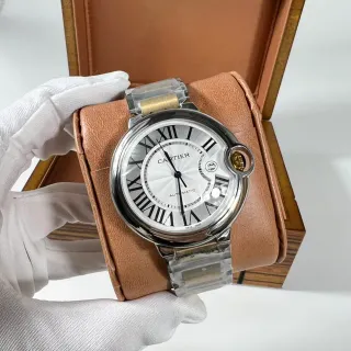 Cartier Ballon Bleu Silver Gold Tonneau-Shaped Case Exposed Crown Screw Mechanical Watch