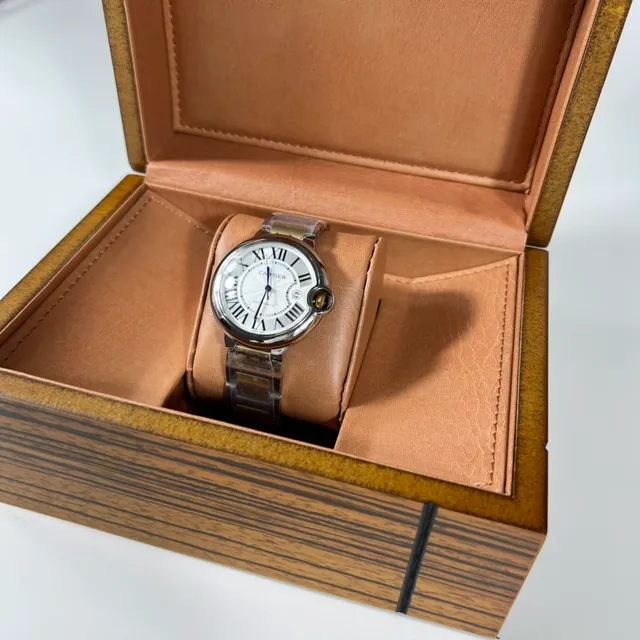 Cartier Ballon Bleu Argent Or Boîtier en Forme de Tonneau Couronne Exposée Vis Montre Mécanique 5