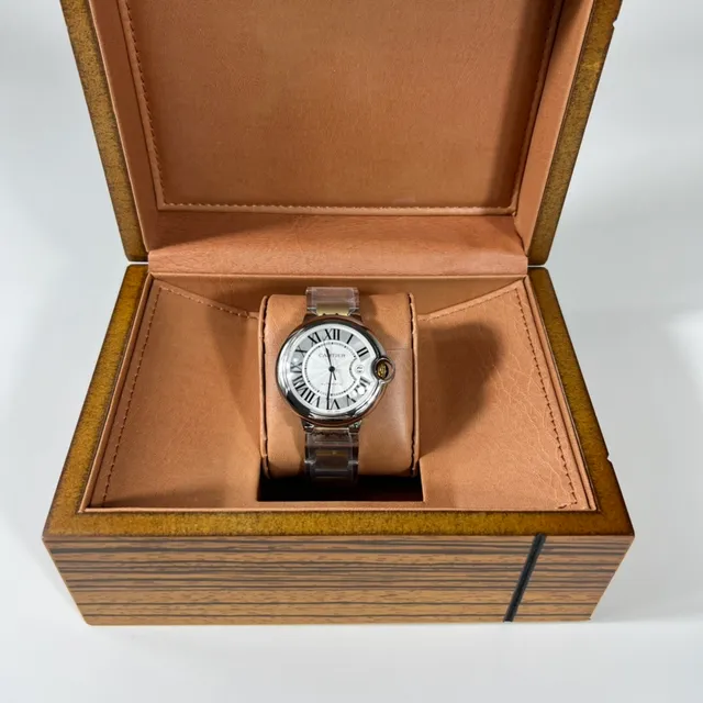 Cartier Ballon Bleu Argent Or Boîtier en Forme de Tonneau Couronne Exposée Vis Montre Mécanique 6