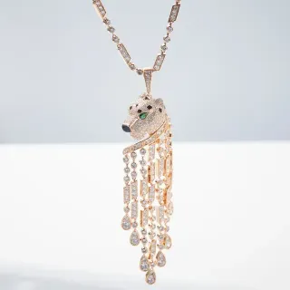 Cartier Gold Green Panther Head Motif Pavé-Set Diamonds Necklace