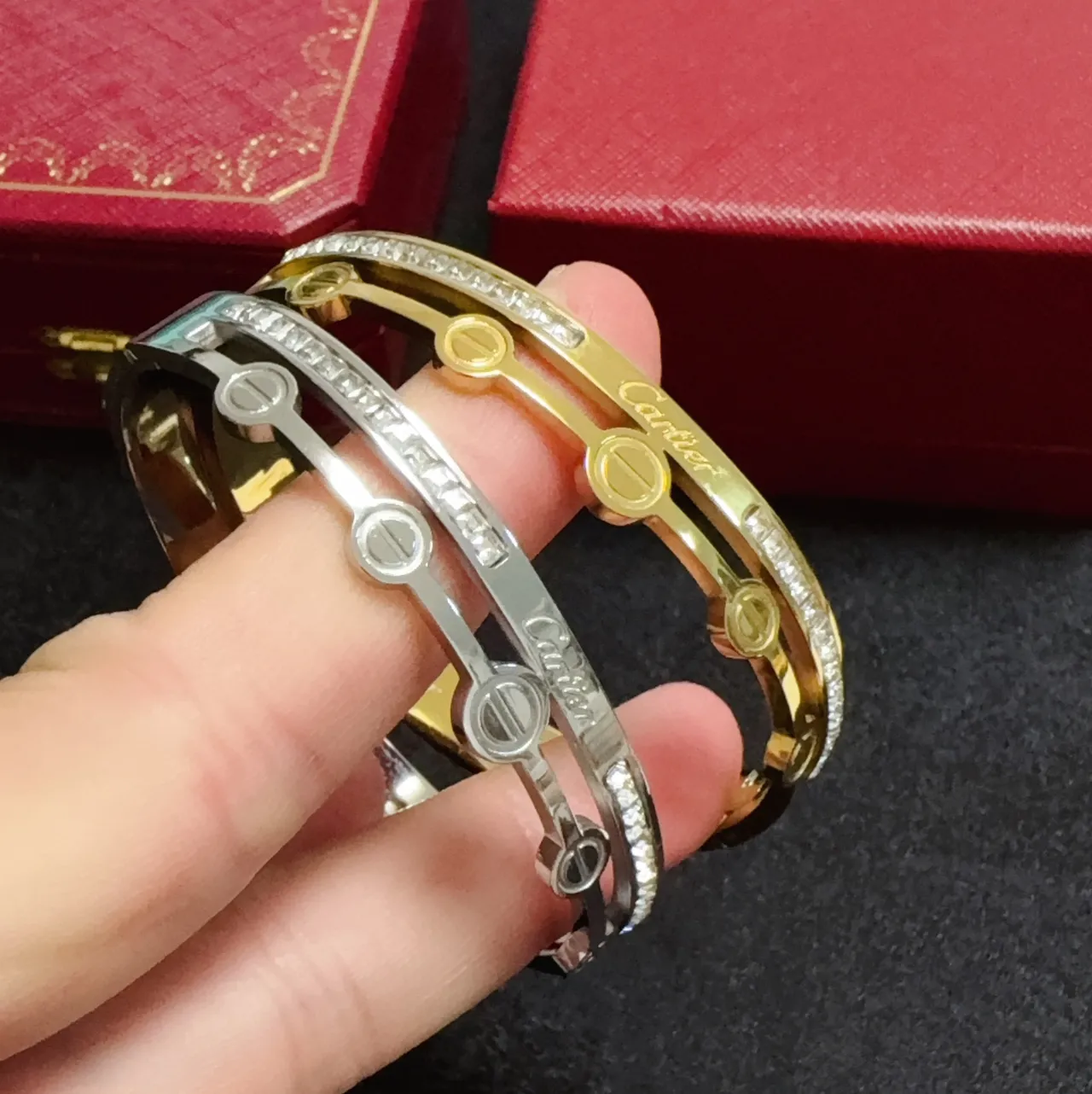 Cartier Love Bracelet en or et argent à double bande motif vis 2