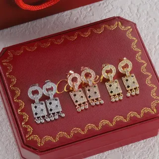 Cartier Red Gold Pavé-Set Square Pendant Earrings