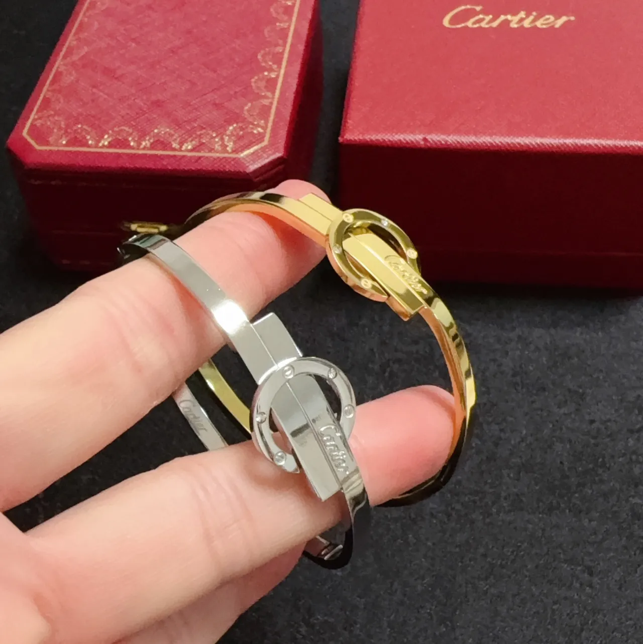 Cartier Silver Gold Interlocking Clasp Engraved Branding Bracelet 2