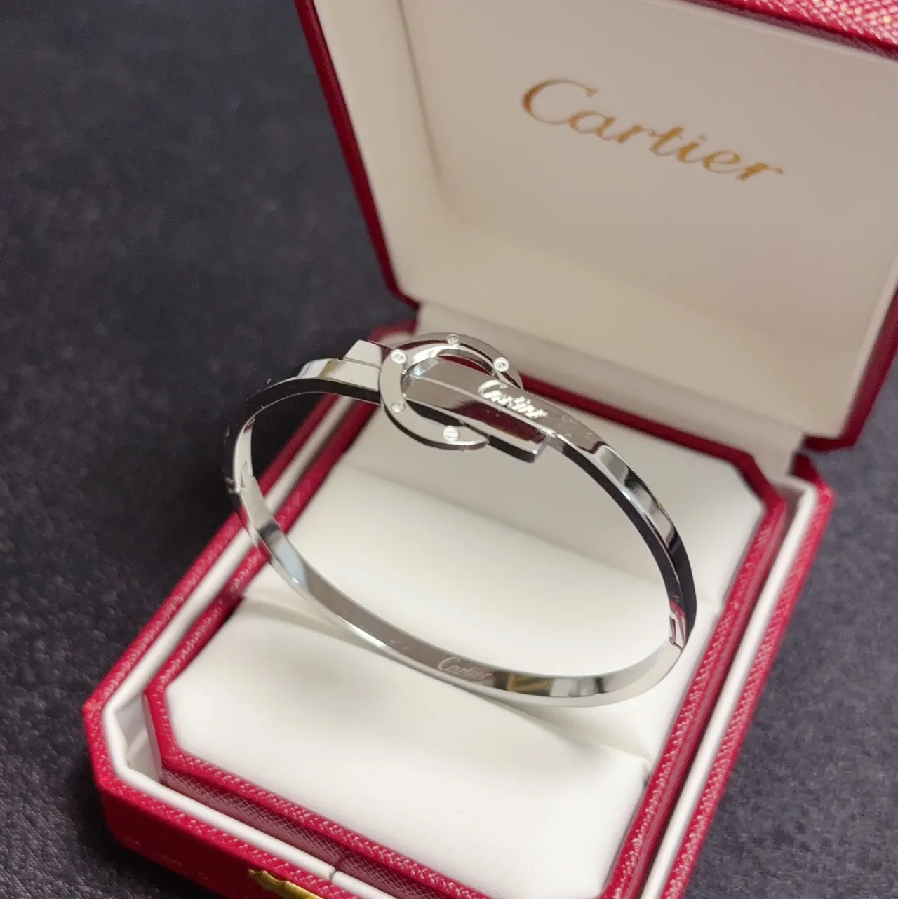 Cartier Silver Gold Interlocking Clasp Engraved Branding Bracelet 4