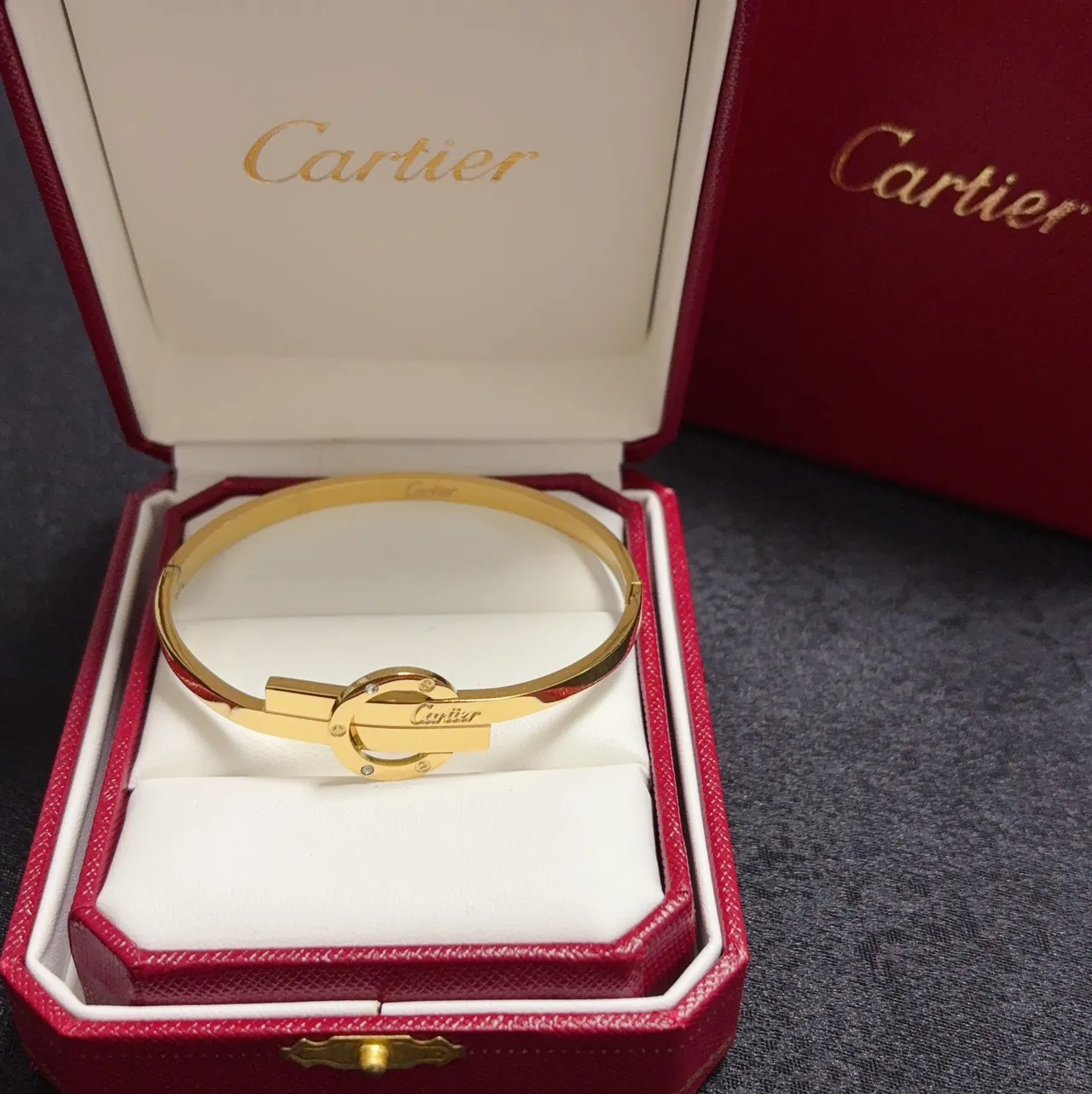 Cartier Silver Gold Interlocking Clasp Engraved Branding Bracelet 5