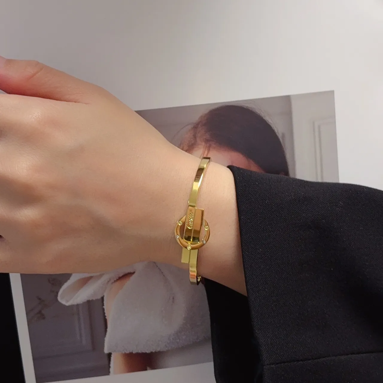 Cartier Silver Gold Interlocking Clasp Engraved Branding Bracelet 8