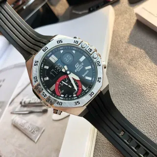 Casio Edifice Black Red Octagonal Brushed Stainless Steel Case Ridged Rubber Strap Sports Watch