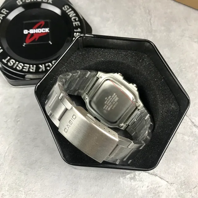 Casio Silver Black Stainless Steel Bracelet Octagonal Case Quartz Watch 2