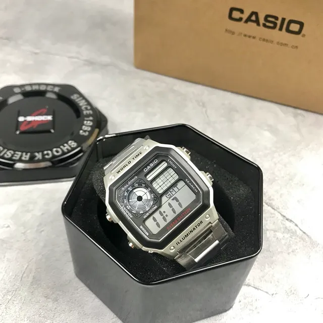 Casio Silver Black Stainless Steel Bracelet Octagonal Case Quartz Watch 6