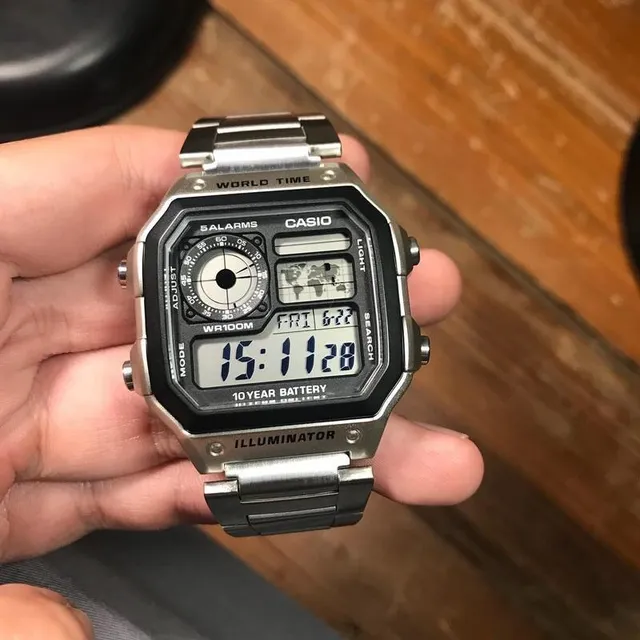 Casio Silver Black Stainless Steel Bracelet Octagonal Case Quartz Watch 8