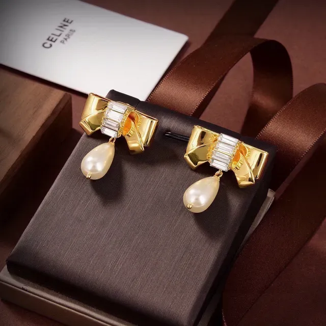 Celine Bow Baguette Crystal Pearl Drop Earrings 2