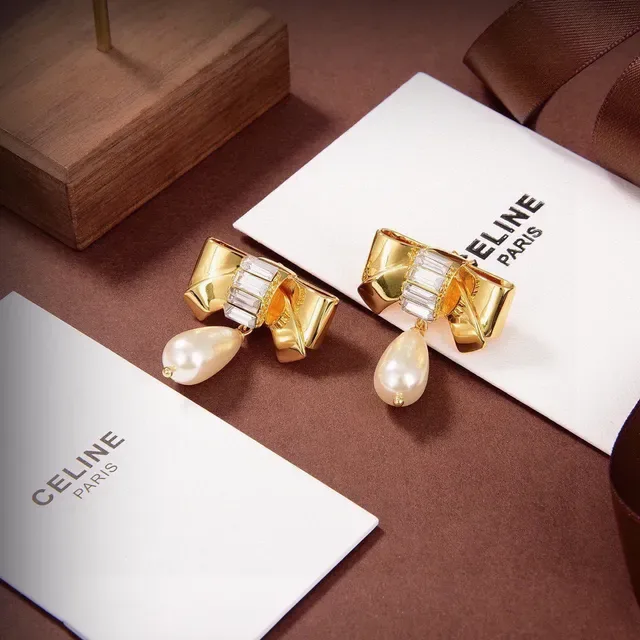 Celine Bow Baguette Crystal Pearl Drop Earrings 4