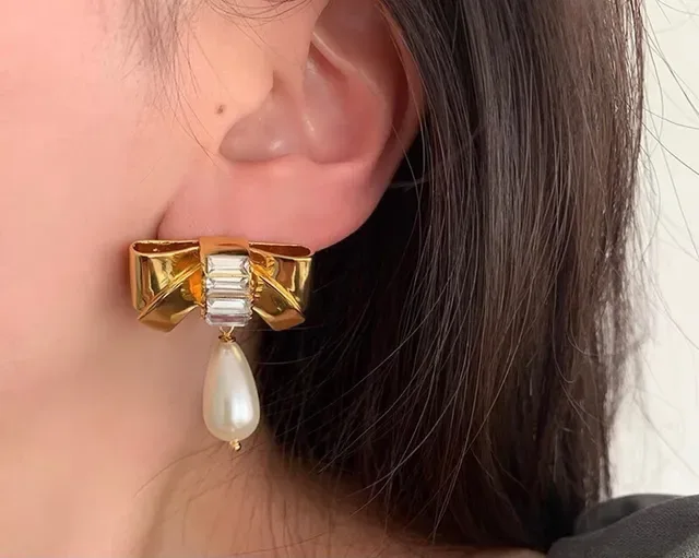 Celine Bow Baguette Crystal Pearl Drop Earrings 5