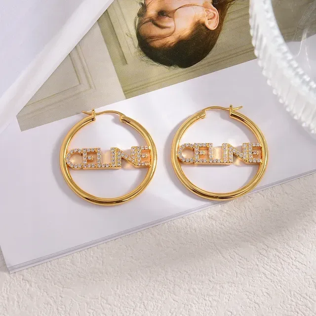 Celine Logo Hoop Silver Gold Crystal-Embellished Earrings 2