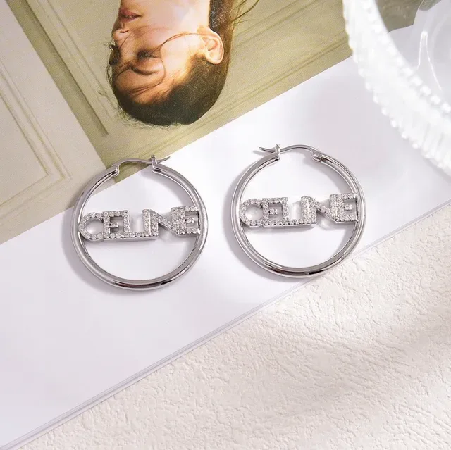 Celine Logo Hoop Silver Gold Crystal-Embellished Earrings 3