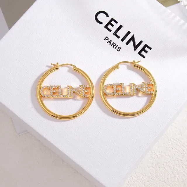 Celine Logo Hoop Silver Gold Crystal-Embellished Earrings 4