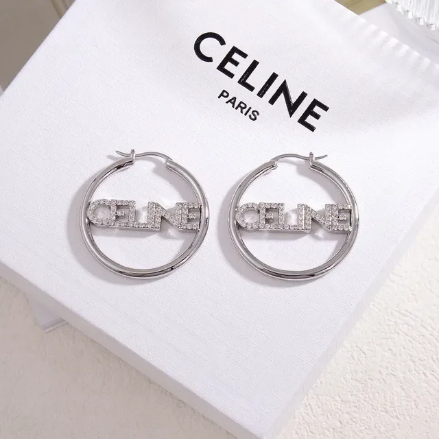 Celine Logo Hoop Silver Gold Crystal-Embellished Earrings 5
