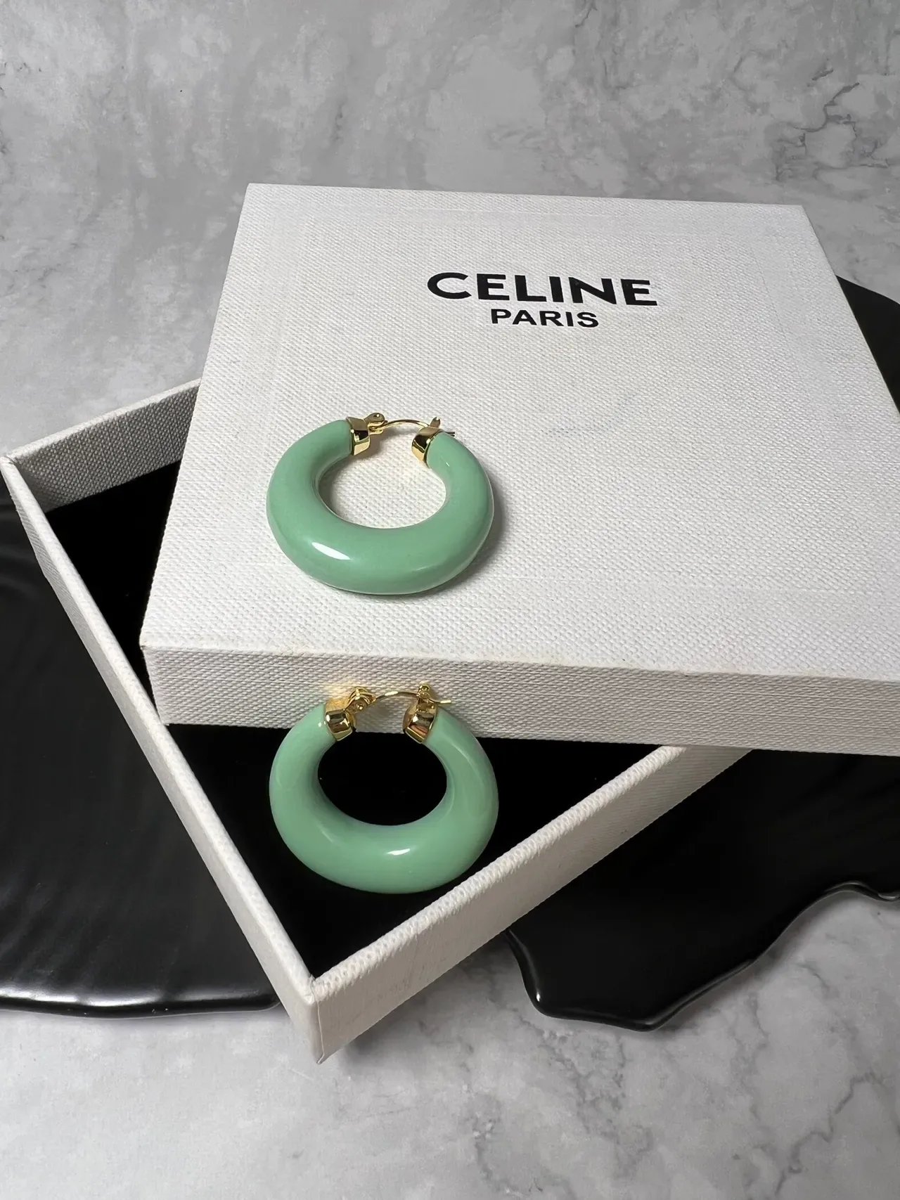 Celine Mint Green Enamel Hoop Earrings 4