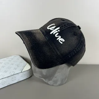 Celine Script Logo Cap Black White Distressed Denim Embroidery Baseball Cap