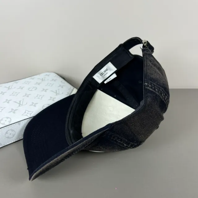 Celine Script Logo Cap Black White Distressed Denim Embroidery Baseball Cap 3