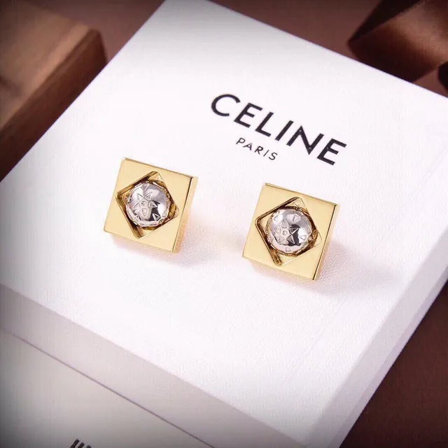 Celine Square Faceted Two-Tone Stud Earrings 2